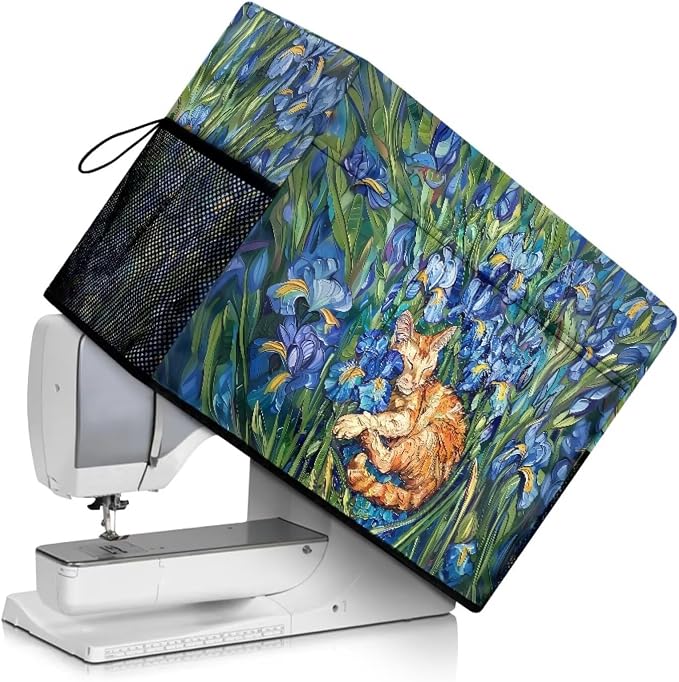 Iris Flower Orange Cat Pattern Sewing Machine Cover Heavy-Duty Dust & Pet Hair Protection with Storage Pocket, Fits Brother, Singer, Janome Machine (Green)