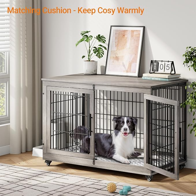 44'' Decorative Large Dog Crates Furniture w/Cushion & Wheels Wood Kennel | Grey, Double Doors, Wooden Dog Cage, Chew-Resistant, End Table, Decorative, 27"/32"/38"/44" Options, Indoor