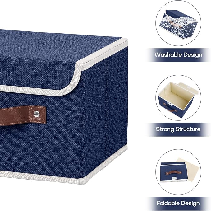 ANMINY Fabric Storage Box Bins with Lids, Blue, 10"x8"x7", 4 Pack | Keepsake Memory Storage, Cotton Linen, PP Board Reinforced, Washable, PU Handles, Foldable & Stackable, Decorative, Small