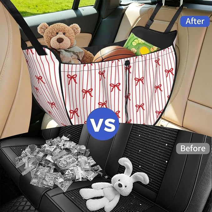 Luxury Red Bow Stripe Car Seat Organizer Backseat Storage Bag, Large Waterproof Vehicle Organizer With Adjustable Straps For Gear Essentials, Fits Most Cars