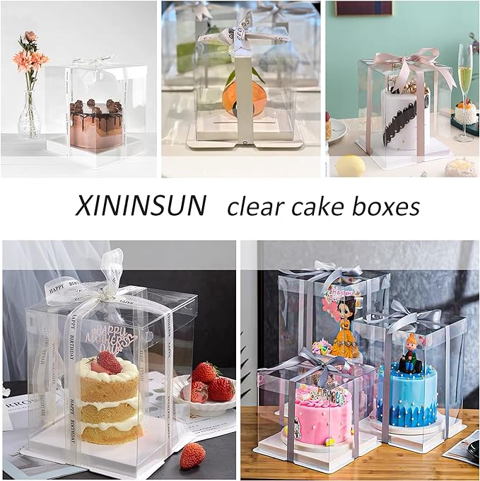 XININSUN 6Pcs Tall Cake Boxes Clear cake Box with Ribbon, 12x12x 10inch,Ideal for Large 10" and 12" Inch Tall Layer Tiered Cakes and Clear Gift Boxes for Wedding Party and Gift Display - White