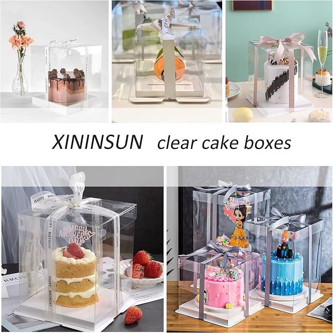 12X12X7inch Clear cake Boxes,Cake Carrier,Disposable Cake Containers, Large Cake box with Ribbon, Ideal for Large 10and 12Inch Cake carry,transparent cake box for birthday Party wedding -White