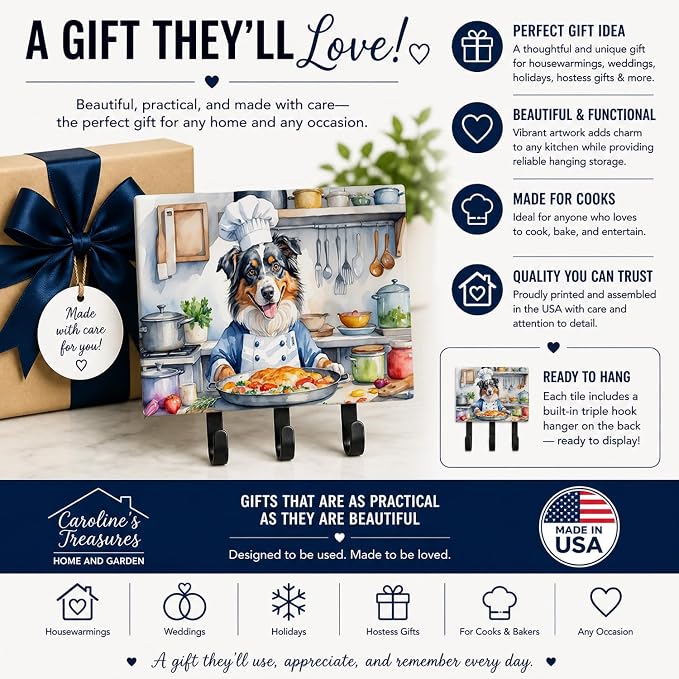 Caroline's Treasures Australian Shepherd The Chef Leash or Key Holder Wall Hooks, Key Hooks Holder, Coat Rack Wall Mount, Coat Hooks, Hooks for Hanging Keys, Towels, Aprons, Leashes | Australian Shepherd The Chef artwork on ceramic tile with three stee...