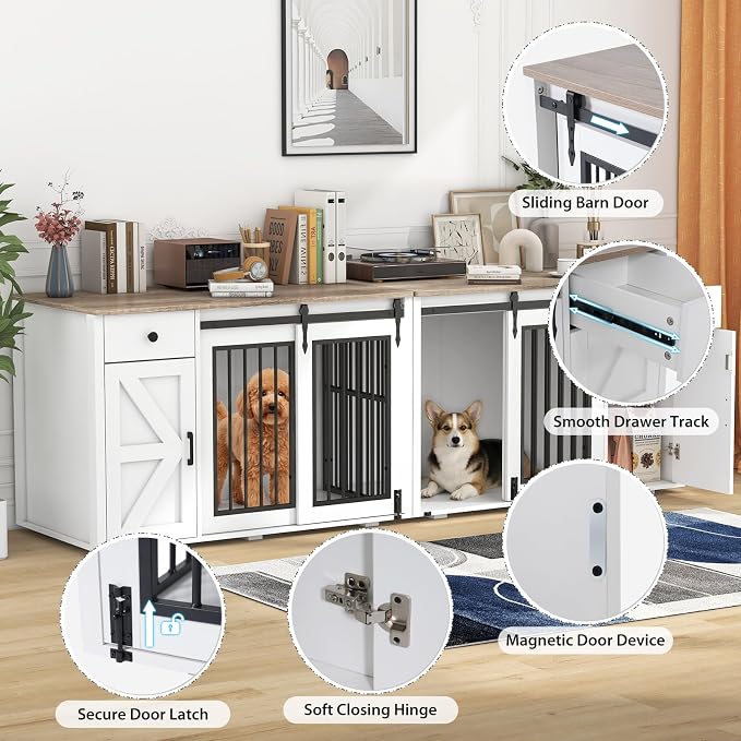Verano Garden 88" Dog Crate Furniture, Dog Kennel Cage, White (88") | 2-in-1, Lockable, Decorative, Sliding Door, Removable Divider, Adjustable Shelf, Farmhouse, Heavy Duty, Small Medium Dogs