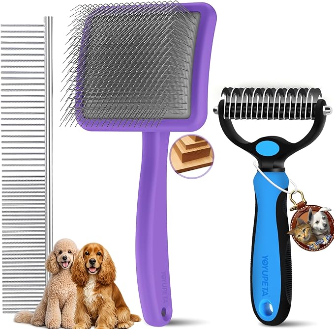 Large Dog Slicker Brush for Goldendoodles, Poodles - 3 in 1 Grooming Kit with Undercoat Rake, Comb - Extra Long Pins for Dematting Great Pyrenees, Thick Coats, Shedding, Detangling, Purple