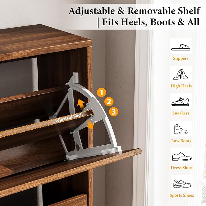 Mid-Century Modern Slim Shoe Cabinet for Entryway, 9.5" Narrow Shoe Storage Cabinet with Architectural Arched Fluted Front, Entryway Shoe Storage with Adjustable Shelves,Classic Walnut