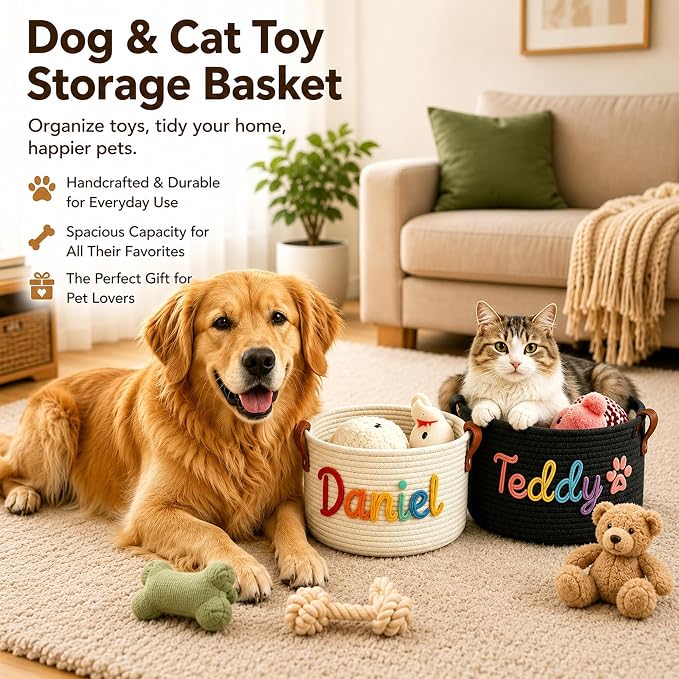 Personalized Dog Cat Toy Basket with Name | Custom Handwoven Cotton Rope Pet Toy Storage Basket for Dogs & Cats, Unique Gift for Pet Lovers