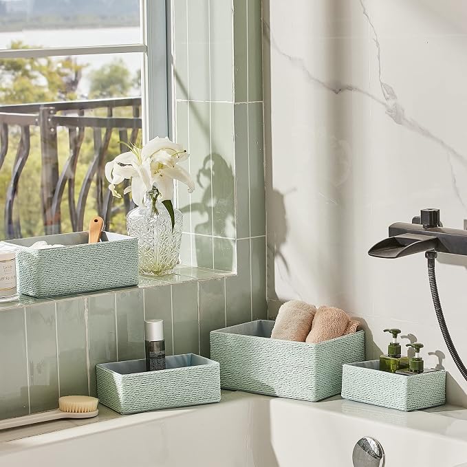 LA JOLIE MUSE Bathroom Basket Organizers, Paper Rope Storage, Green 4 Pack