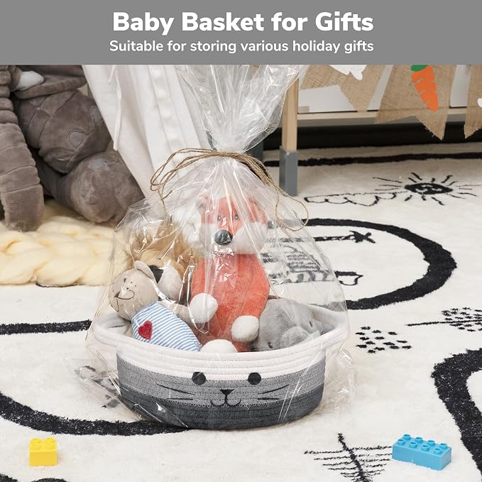 Cute Cat Basket, Small Woven Basket for Cat Toy Storage, 9.8"x4" | Cat Toy Bin With Handles, Decorative Basket for Cats Dogs, Storage Basket for Toys Nursery, Mixed & Grey