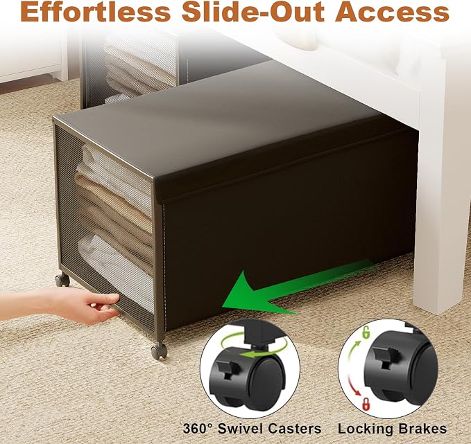 Fokyfok 2Pack Under Bed Storage Containers,14 inch Height,31 inch Long | Under Bed Shoe Storage,Underbed Storage with Wheels,Large Rolling under bed Clothes Storage Drawers,Lid,Dorm Tall,Black