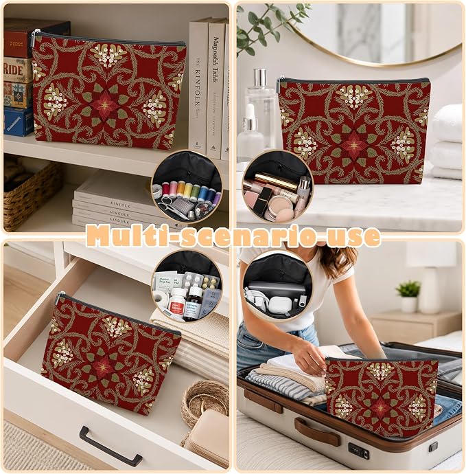Vintage Red Floral Empty Mahjong Tile Bag 13x7.8 Inch, | Chinoiserie Printed Portable Travel Case Organizer Zipper Pouch for American Mahjong Tiles Game Night Accessories and Gifts