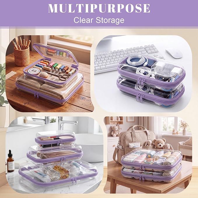 12 Pack Clear Hard Shell Zipper Case with 40 Labels, X-Large/Medium/Small Stackable Clear Pouches, Crush-resistant Travel Toiletry Bag Organizer for Makeup Board Games Electronics (Purple)
