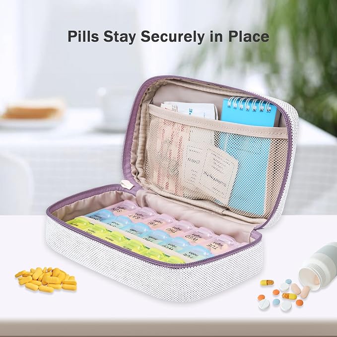 Lexeeco Travel Pill Case for Purse with Weekly Pill Organizer 3 Times a Day | Cute Am Pm Pill Box 7 Day ,Travel Medicine Organizer Pill Container Holder for Vitamins,Fish Oils,Medication,Medical Supplies