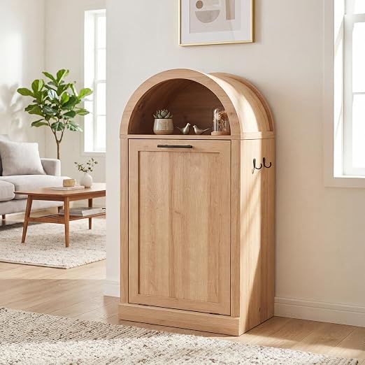 Seang Arched Tilt-Out Trash Can Cabinet,Laundry Hamper Cabinet with Foldable Laundry Basket,Wooden Hidden Garbage Can Cabinets with Metal Handle & Hooks,Natural