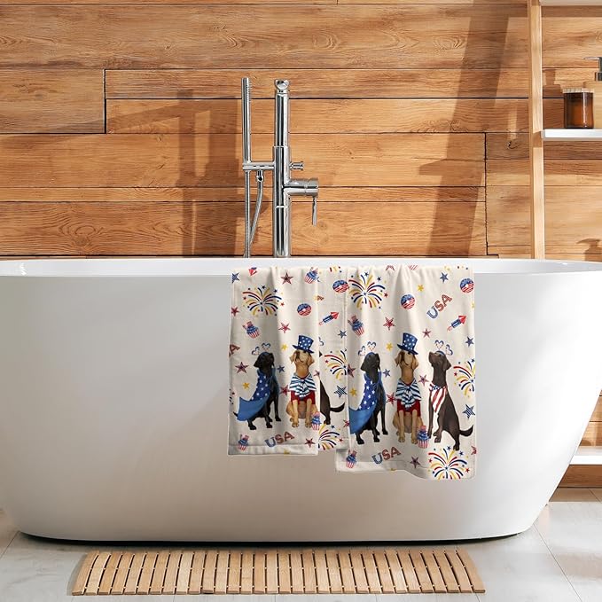Giwawa 4th of July Dogs Towel Set of 2 Patriotic Puppy Hand Fingertip Towel Independence Day USA Stars Firework Quick Drying Dish Wash Cloth for Hotel Bathroom Gym Home Spa Holiday Decor