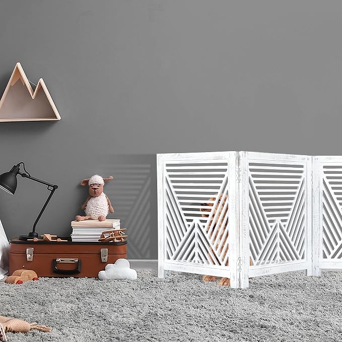 Lightnpro 3‑Panel Wooden Dog Gate – Antique White Foldable Freestanding Pet Barrier, Extra‑Wide Indoor Safety Fence for Small Dogs & Puppies – 24x54 Inch Decorative Finish