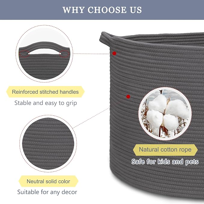 Cotton Rope Basket for Boys Kids, 87L Laundry Hamper, Dark Gray