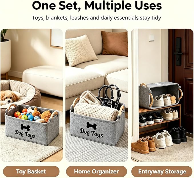Dog Toy Storage Basket, Felt Pet Toy Organizer with Wooden Handles, Collapsible Pet Supplies Storage Bin for Dog Cat Toys, Treats, Accessories, Home Office Closet Organizer (LightGray-2)