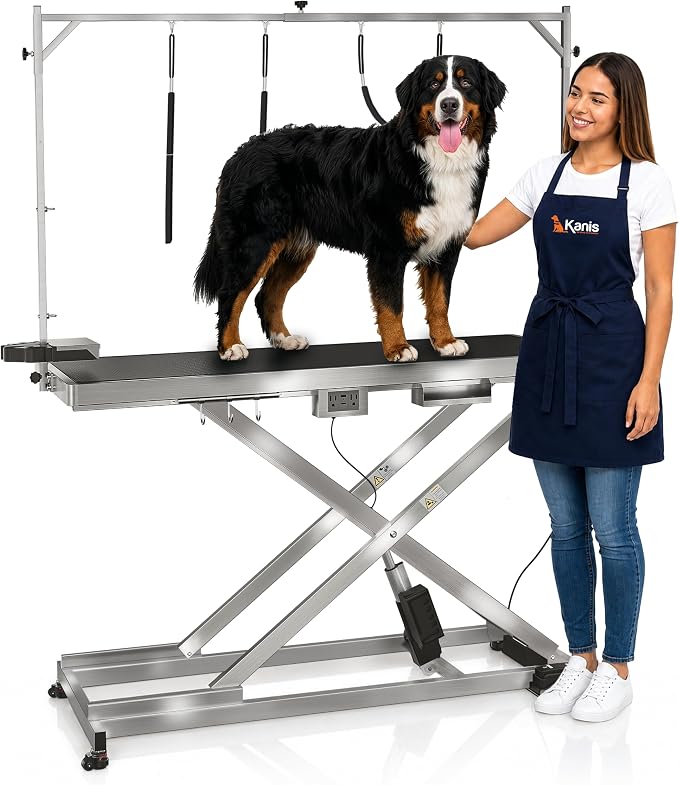 60" Professional Electric Dog Grooming Table, 304 Steel, Heavy Duty | Adjustable Table for Pet Grooming, 10-40in Quiet Lift, Grooming Arm, AC/USB Power Hub, Anti-Slip Surface, Leveling Wheels