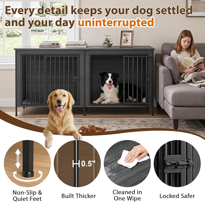 EasyCom 78" Wooden Double Dog Crate with Divider & Raised Legs, Gray | Raised Legs, For 1–2 Small to Large Dogs, Multiuse TV, Plant & Display Stand