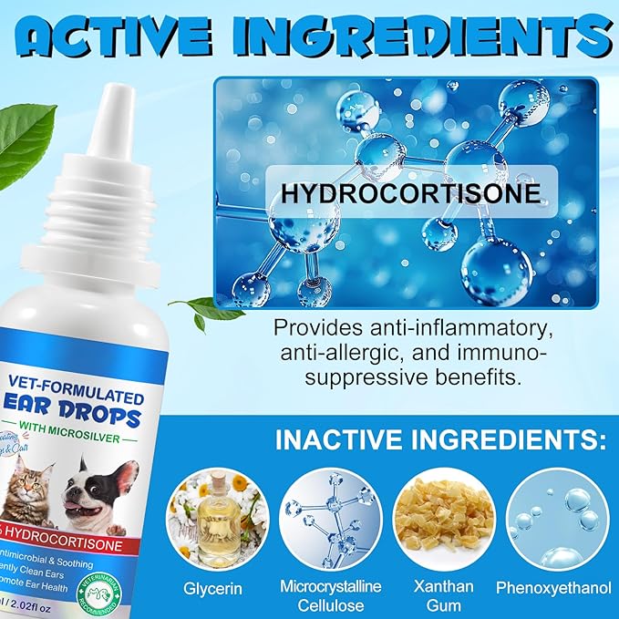 Dog Ear Infection Treatment Drops Yeast Ear Infection Treatment with 1% Hydrocortisone Ear Mites Treatment for Dogs Cat & Dog Ear Cleaner for Itchy Ear Relief (120ml)