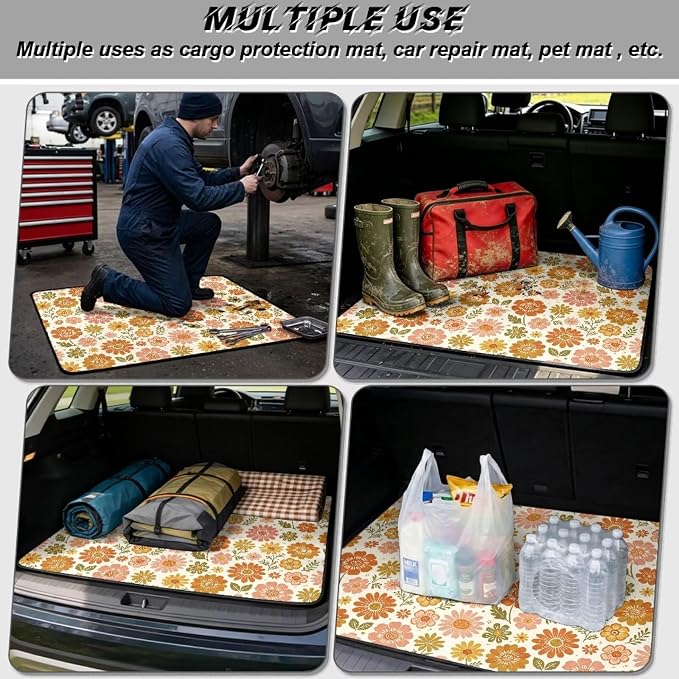 Howilath All Weather Car Trunk Liner Non-Slip Vintage Orange Floral Rear Trunk Mat Durable Polyester Carpet Auto Interior Accessory 29"x39"