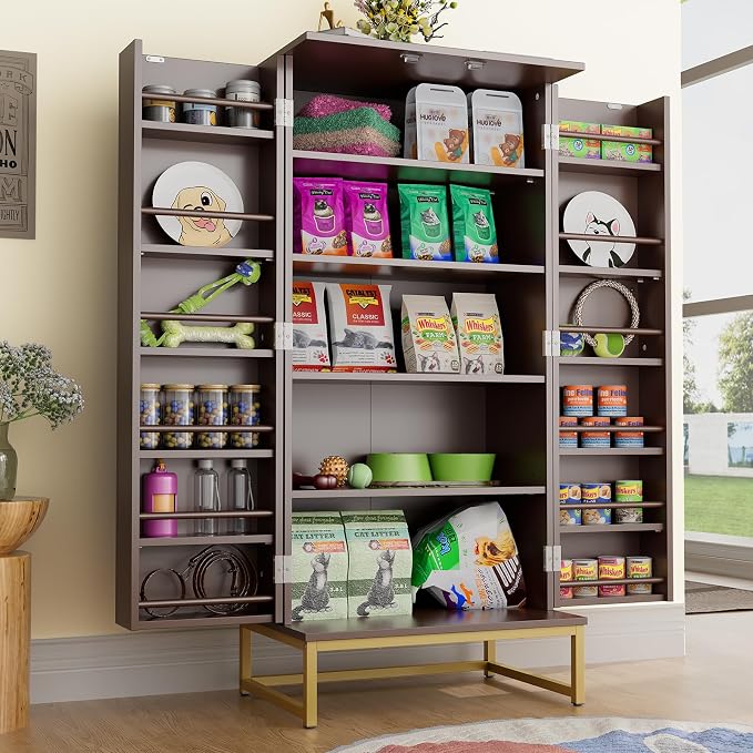 Saudism 51" Dog Food Storage Cabinet with Adjustable Shelves, Walnut | Freestanding Pet Storage Container Organizer for Living Room and Dinning Room