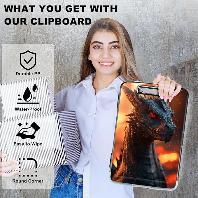 A4 Clipboard with Storage Pen Holder, Clipboards Organizer Nursing Clipboard Foldable File Folder Plastic Clipboard Folio Clip Board for Office Work Classroom Doctor, Red Eyed Dragon