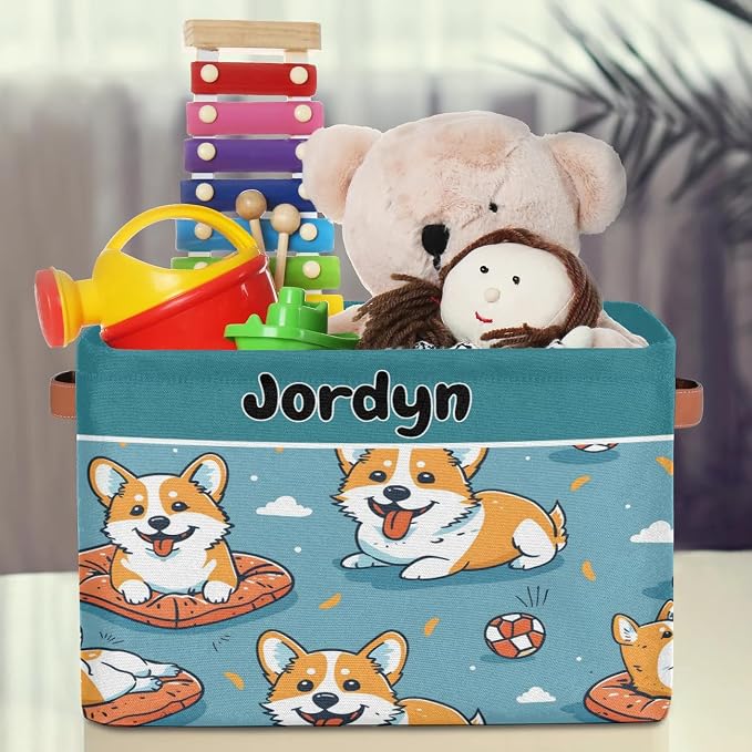 Custom Storage Baskets for Kids Name, Large Foldable Organizer Collapsible Storage Bin with Leather Handle for Home Toys Closet Nursery, Cute Corgi Dog Cartoon Cloud Blue