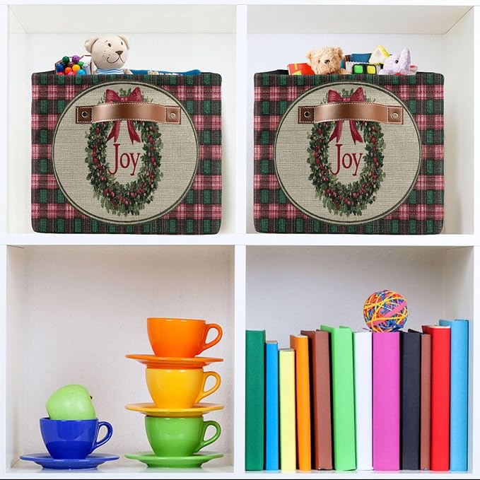 Christmas Joy Wreath Bow Knot Storage Basket with Waterproof Liner and PU Handles Winter Poinsettia Buffalo Plaid Storage Bins Boxes 14.2" Collapsible Decorative Baskets for Bedroom Office 1 Pack
