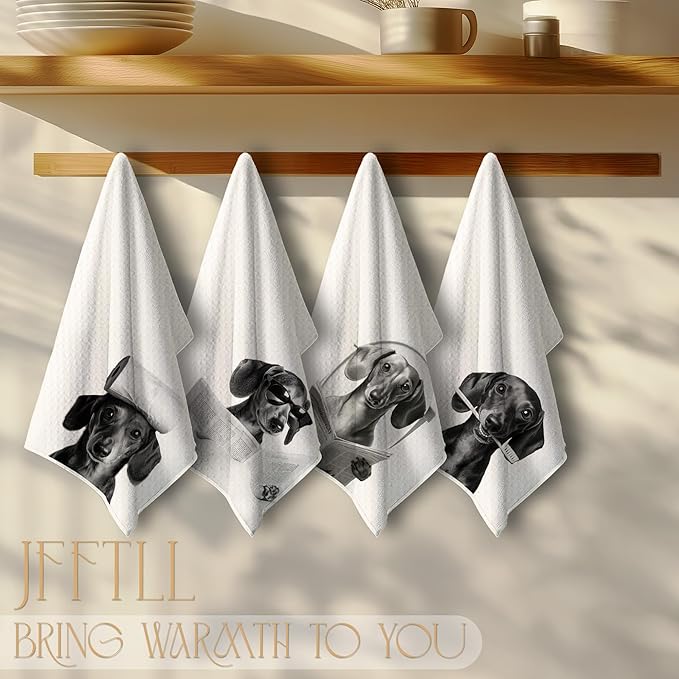 Funny Dachshund Bathroom Hand Towels, Dachshund Gifts for Women, Black and White Cute Weiner Dog Hand Towels for Bathroom Washroom Restroom Decor, 16x24 Inch, Set of 4