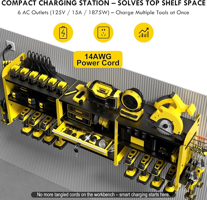 KSVO Large Power Tool Organizer Wall Mount with Locking Drawers, Yellow | Grinder Holder, Hammer & Pliers Rack, 6-Outlet Charging Shelf, Heavy-Duty Metal Storage for Garage & Workshop