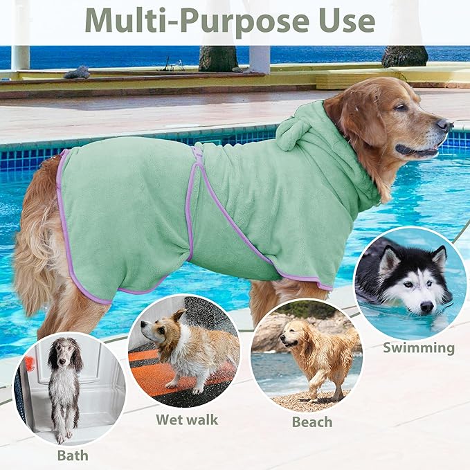 Dog Bathrobe Super Absorbent Towel Robe - Microfiber Bath Towels Fast Drying Coat for Dogs, Cute Dogs Clothes Adjustable Collar & Belly Strap Warm Keeping Hooded Dog Towel (Light Green, Large)