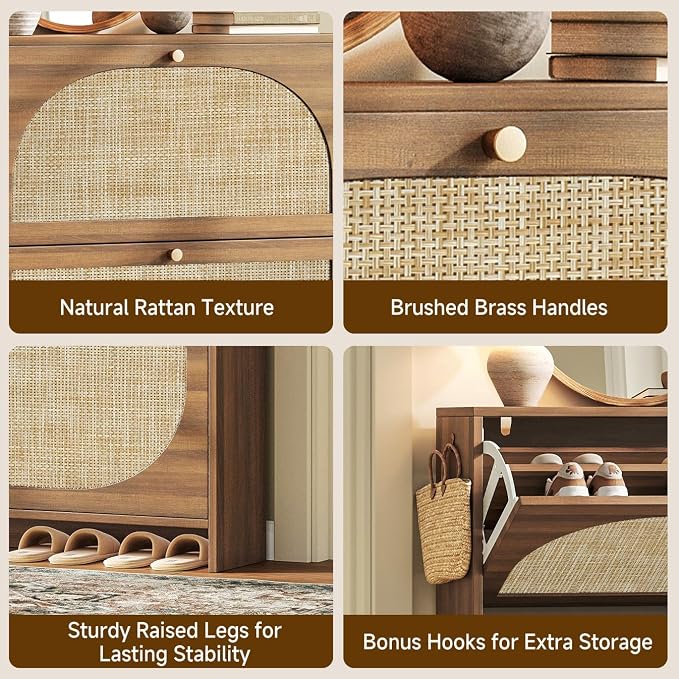 Rattan Arched Accent Shoe Storage Cabinet - Freestanding Ultra Slim for Entryway, 2 Flip Drawers & 3-Tier Adjustable Shelves, Farmhouse Modern Rustic Shoe Rack for Hallway, Foyer, Living Room