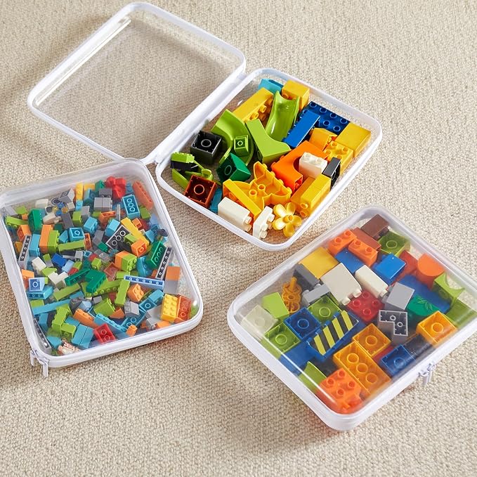 4PCS Large Clear Hard Shell Zipper Case, Makeup Organizer & Toy Storage Bag for Lego Bricks, Diaper Pouches, Cosmetic Bags, Transparent Pencil box, Puzzle Board Game, Portable Travel Toiletries