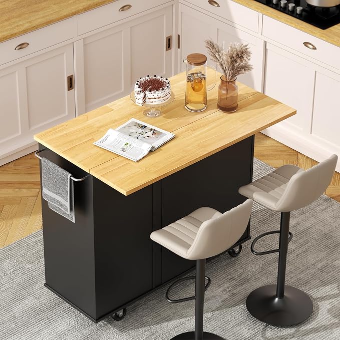 JY QAQA 40" Kitchen Island Cart Furniture cart on Wheels Rolling Portable Dining Room Serving Utility Carts Mobile Movable with Drawers Cabinet,Black