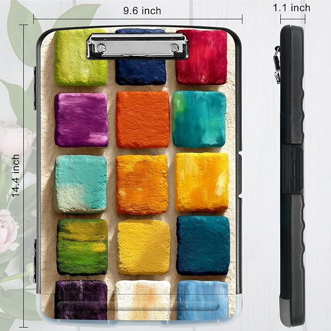 A4 Clipboard with Storage Pen Holder, Clipboards Organizer Nursing Clipboard Foldable File Folder Plastic Clipboard Folio Clip Board for Office Work Classroom Doctor, Watercolor Paint