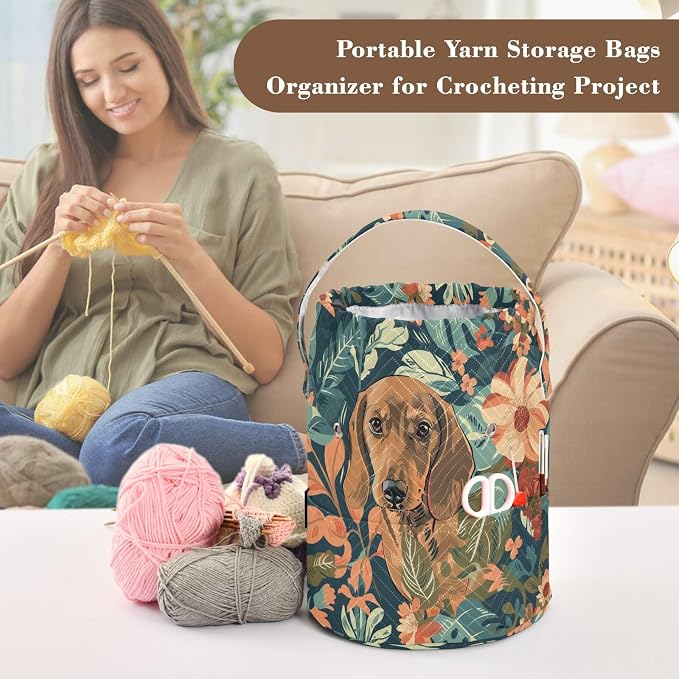 Fustylead Vintage Lovely Dachshund Dogs and Floral Knitting Yarn Storage Tote Basket, Durable Polyester Large Crochet Drawstring Bag for Crocheting Project, Sewing Supplies, Needles