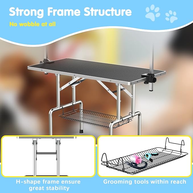 36'' Foldable Dog Grooming Table with Arms/Nooses/Mesh Tray, Black | Stainless Steel Grooming Table for Dogs at Home, Adjustable Pet Bathing Station, Non-Slip Waterproof Tabletop, Capacity 330Lb