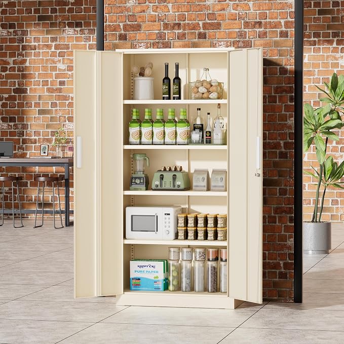 Greenvelly Metal Storage Cabinet, 72" Locking Metal Garage Storage Cabinet with Doors and 4 Adjustable Shelves, Lockable Steel Cabinet for Home Office, Garage, Shop, School (Grey 32" W x 16" D)