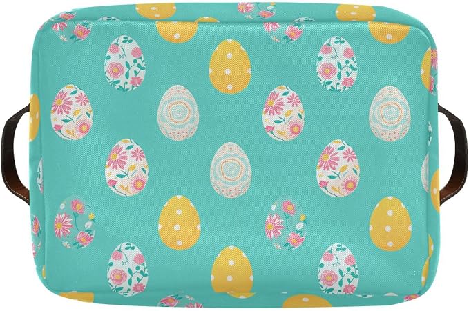 Wamika Happy Easter Day Eggs Storage Basket Fabric Laundry Baskets Easter Rabbit Bunny Spring Storage Boxes Organizer Bag for Baby Cloth Dog Toy Book Storage Cubes Shelf Closet Bins 16×12×8 Inches