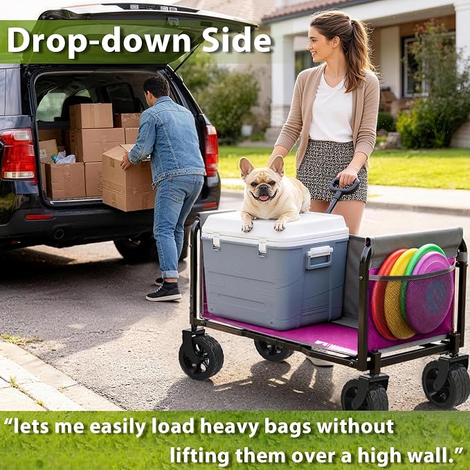 Pink Folding Wagon Cart with Wide Wheels, Lightweight & Portable, Easy Fold & Removable Side Utility Wagon for Groceries, Gardening, Camping, Pet Use