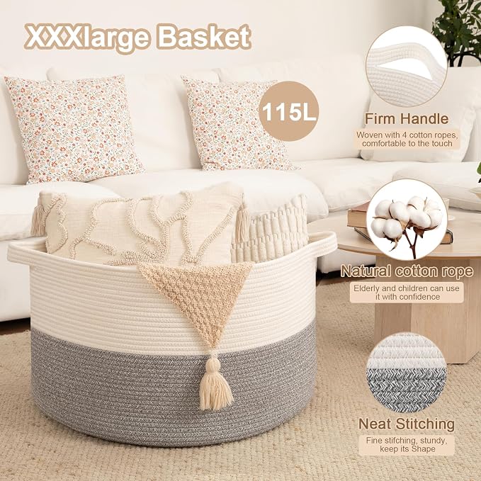 OIAHOMY 115L Extra Large Blanket Basket for Living Room, 23.6" x 15.4" Woven Cotton Rope Laundry Basket for Organizing Pillows, Decorative Stuffed Animal Toy Storage for Nursery, White and Light Grey