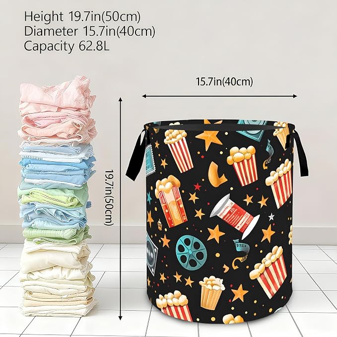 Popcorn Film Reel Star Laundry Basket,Fun Food Dirty Clothes Hamper,Movie Night Storage Bin Gifts,Foldable Waterproof Oxford Cloth Baskets for Bedroom,Bathroom,Home Decoration(19.7" x 15.7")