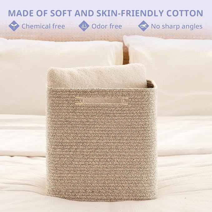 OIAHOMY 2 PACK Cube Storage Bin 13 Inch Collapsible Storage Cube Brown | Cube Storage Organizer Storage Bins for Shelves Baskets for Organizing Woven Rope Storage Baskets