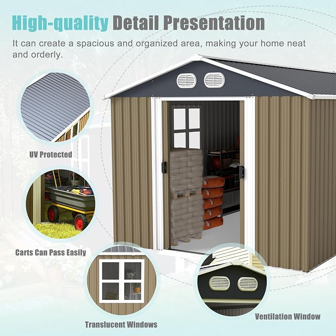 8x12 FT Outdoor Storage Shed, Metal Storage Shed with Lockable Door & Air Vents, Heavy-Duty Storage Tool Shed for Garden, Lawn, Backyard, Brown