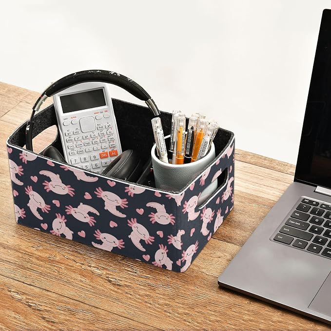 Emelivor Cute Axolotl Heart Black Storage Basket Bins Set (2pcs) Felt Foldable Storage Bins with Fabric Rectangle Storage Organizing Baskets for Office Bedroom Closet Babies Nursery