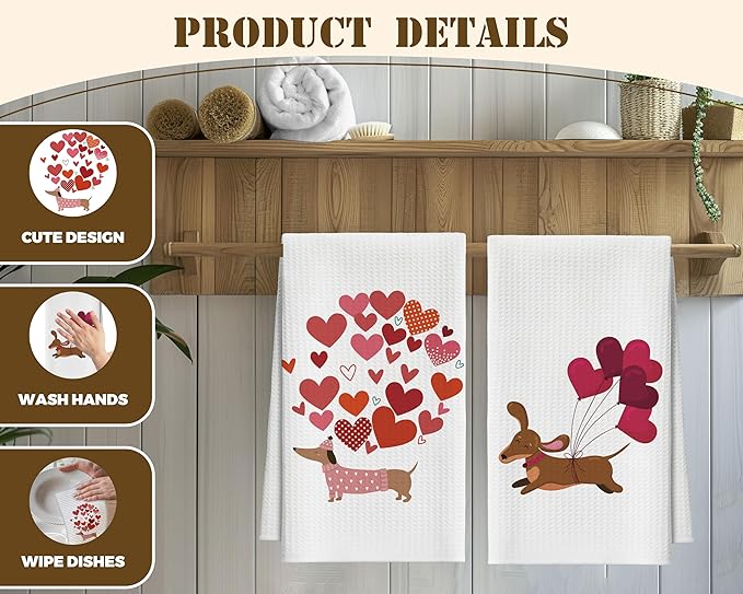 Kitchen Towels Set of 2, Dachshund Dish Towel for Kitchen, Decorative Hand Towels for Bathroom, Fast Drying Tea Towel with Love, Housewarming Gifts for Wiener Dog Lover Women Mom -B02