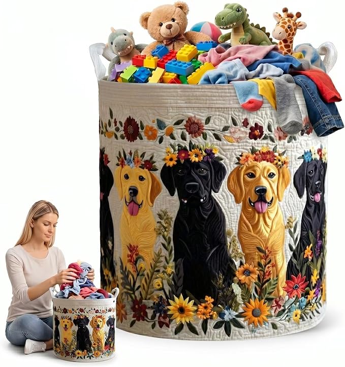 Laundry Hamper Floral Crown Puppy Clothes Basket Cute Pet Toy Storage Organizer Round Fabric Laundry Bag with Handles(16" x 22")