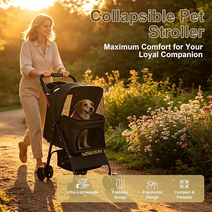 Foldable Pet Stroller for Small Dogs & Cats Up to 28 lbs, 360° Mesh
